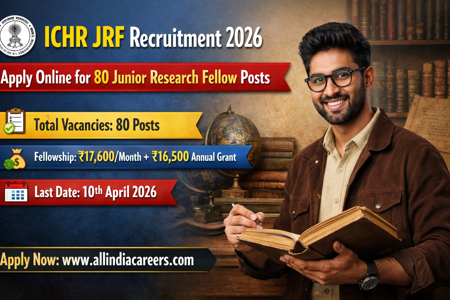 Read more about the article ICHR JRF Recruitment 2026 Notification – Apply Online for 80 Junior Research Fellow Posts