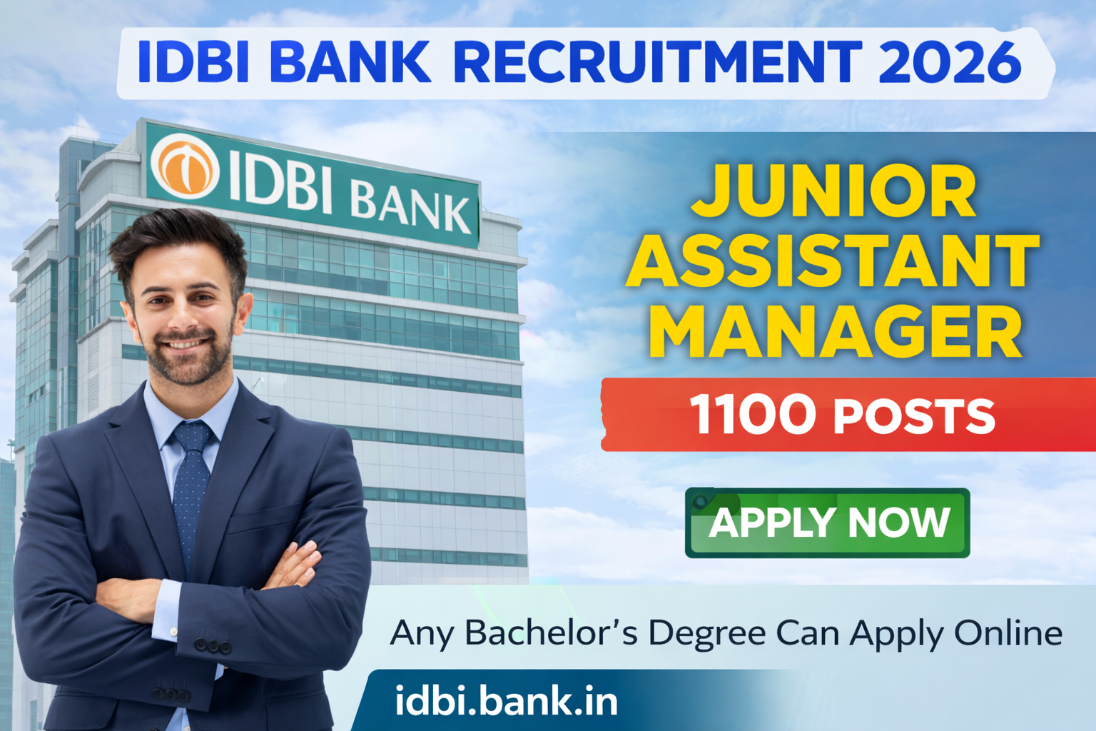 Read more about the article IDBI Bank Junior Assistant Manager Recruitment 2026 – Apply Online for 1100 JAM Grade O Posts